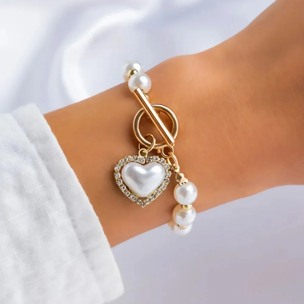 4pcs Set Luxury Pearl Chain Beaded Bracelet for Women Exquisite Charm Gold Color Stainless Steel Bangle Jewelry Set