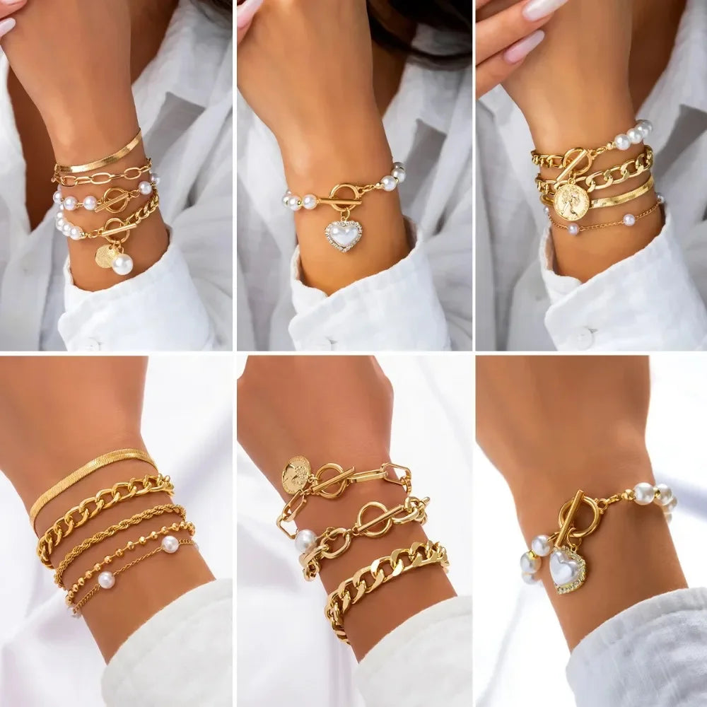 4pcs Set Luxury Pearl Chain Beaded Bracelet for Women Exquisite Charm Gold Color Stainless Steel Bangle Jewelry Set