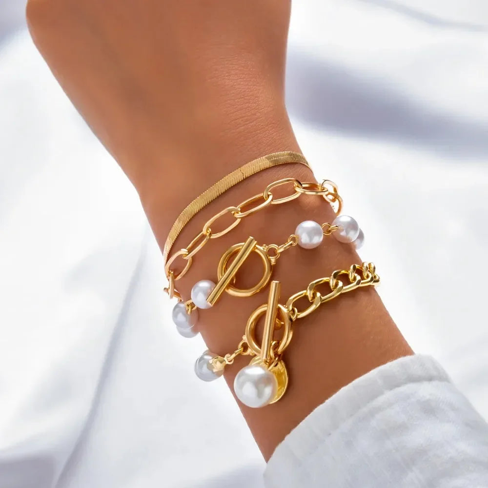 4pcs Set Luxury Pearl Chain Beaded Bracelet for Women Exquisite Charm Gold Color Stainless Steel Bangle Jewelry Set